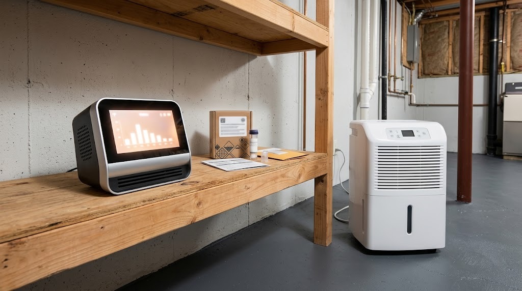 Indoor air quality monitor, radon test kit and dehumidifier in a clean basement