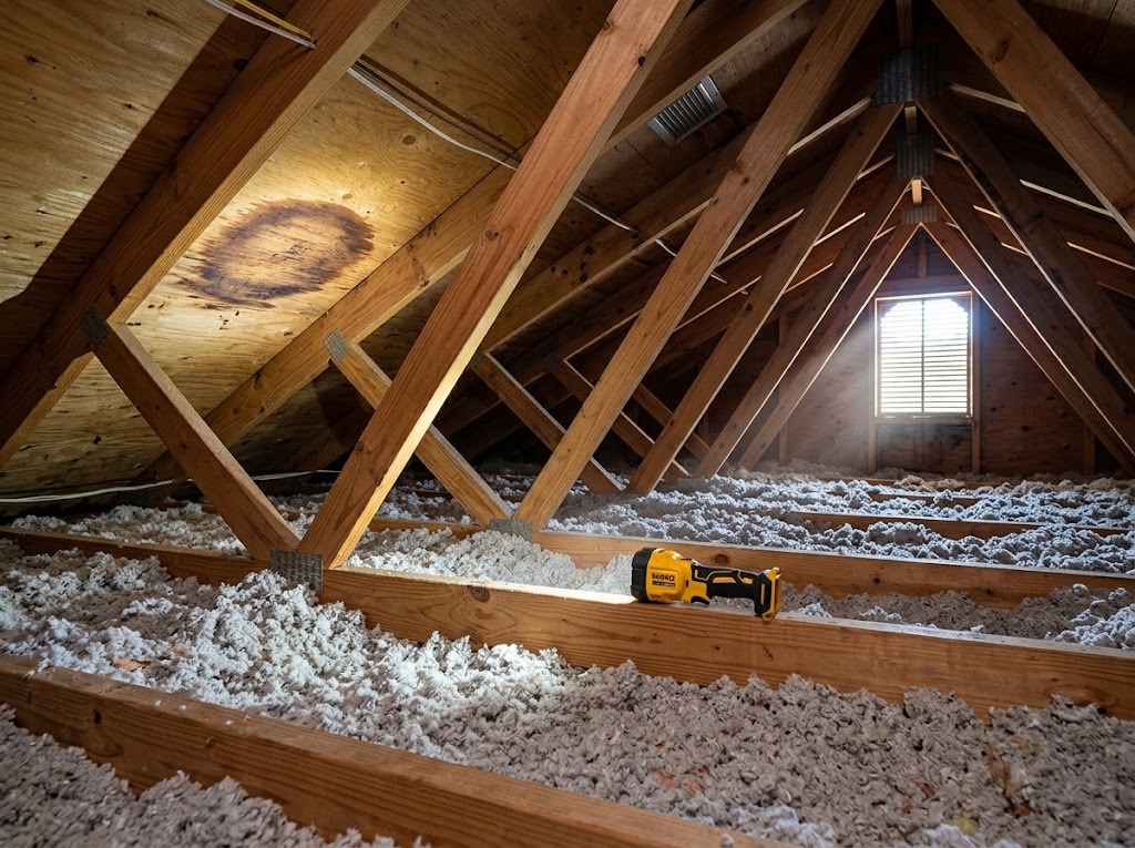 Attic rafters and blown-in insulation with a water stain on the sheathing