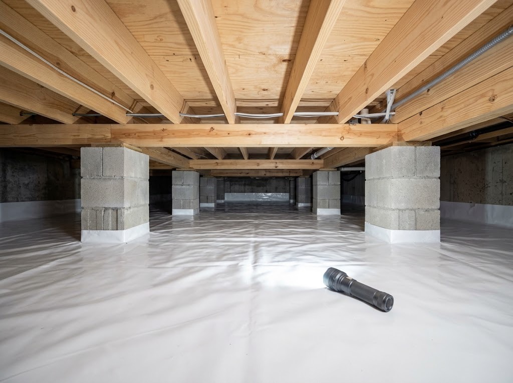 Crawlspace with vapor barrier and block piers