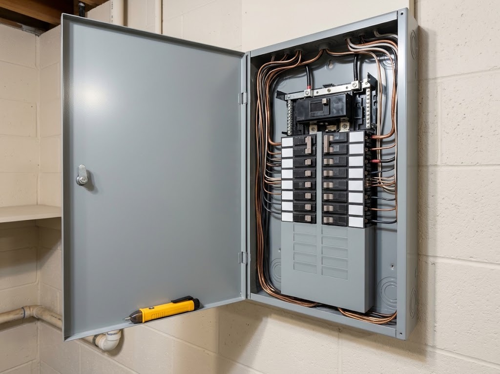 Open residential electrical panel with a voltage tester