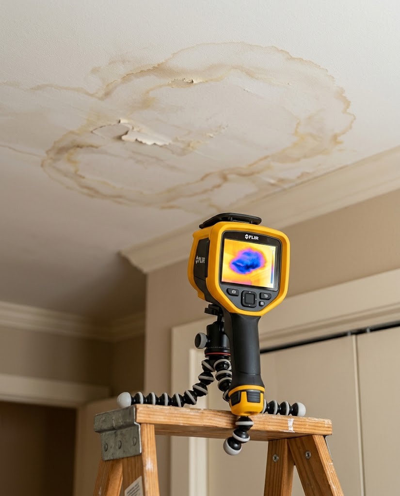 Thermal camera aimed at a water-stained ceiling