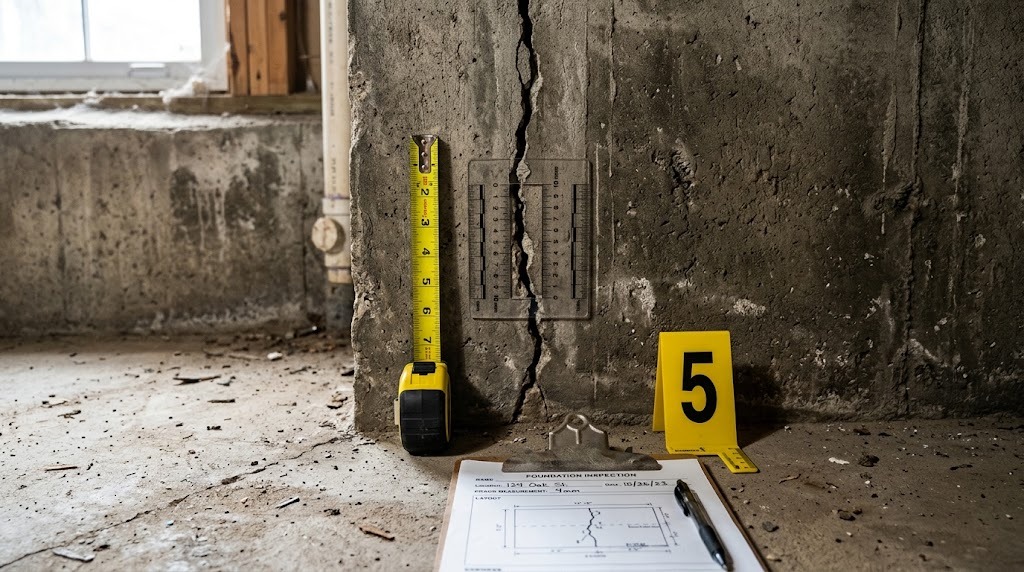 Crack-width gauge, tape measure and evidence marker on a cracked basement foundation wall