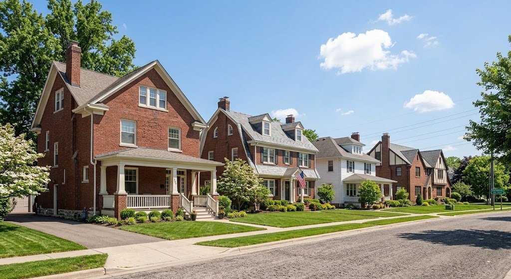 Brick two-story homes on a tree-lined street in western Pennsylvania