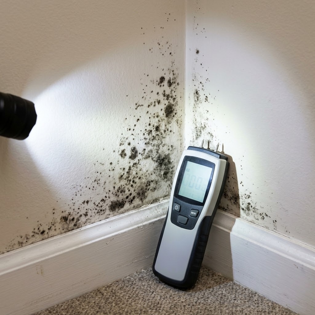 Moisture meter beside mold growth in a drywall corner