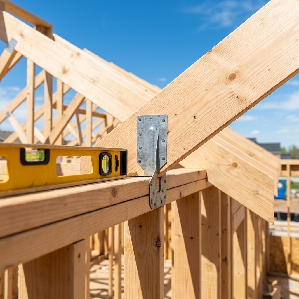 Metal hurricane tie on new roof framing with a level