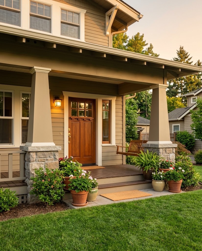 Front porch of a well-kept craftsman home at golden hour