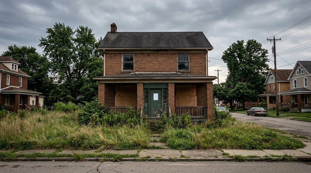 Vacant brick house with boarded windows and an overgrown yard