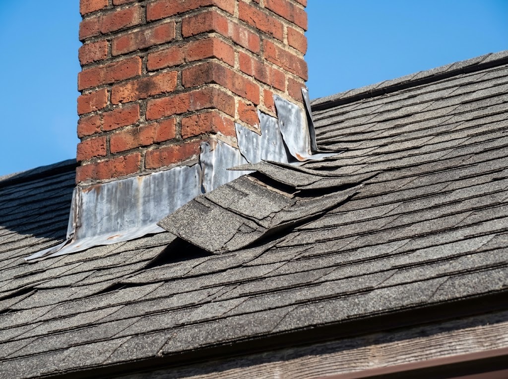 Lifted asphalt shingles beside chimney flashing