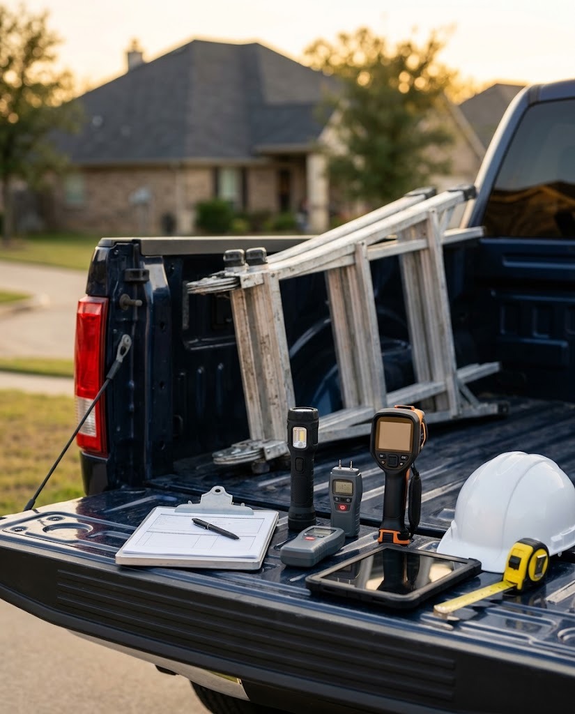 Inspection tools laid out on a pickup truck tailgate